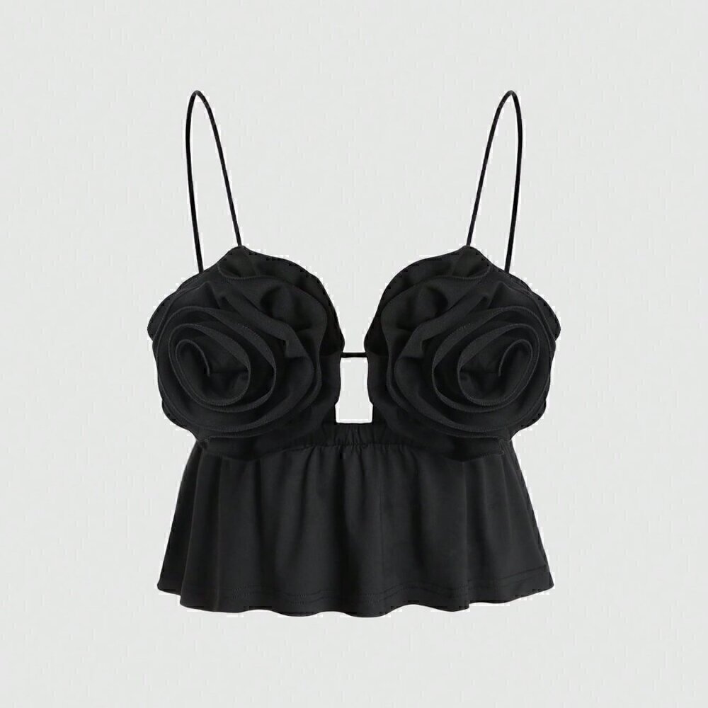 Black Sexy Women's Hollow Out Front Tank Top With 3d Flower Decor